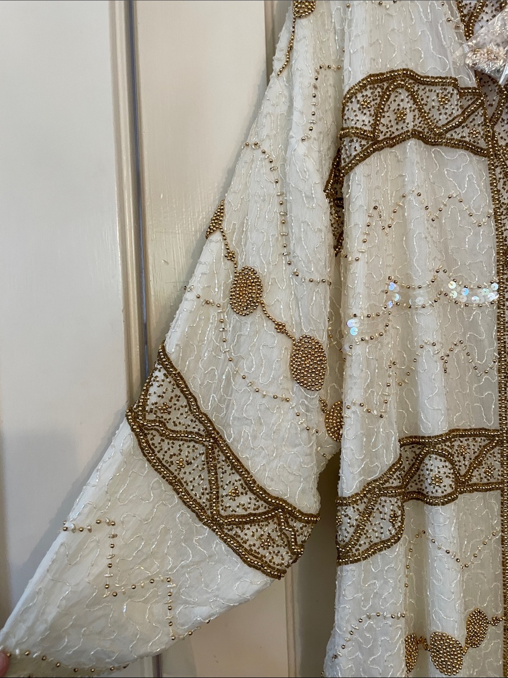 Vintage with tags Ivory Long-Sleeve Embroidered Dress with Gold Trim - Picture 2 of 9